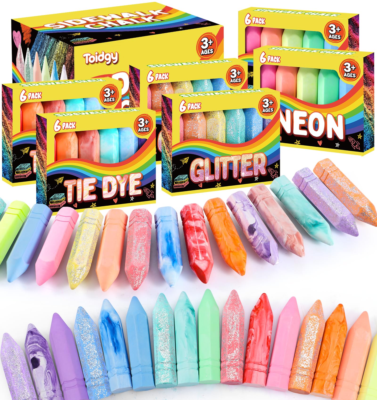Toidgy 36 PCS Sidewalk Chalk for Kids in 6 Packs, 18 Colors, Outdoor Sidewalk Chalk for Toddlers 1-3 Nontoxic, Washable Sidewalk