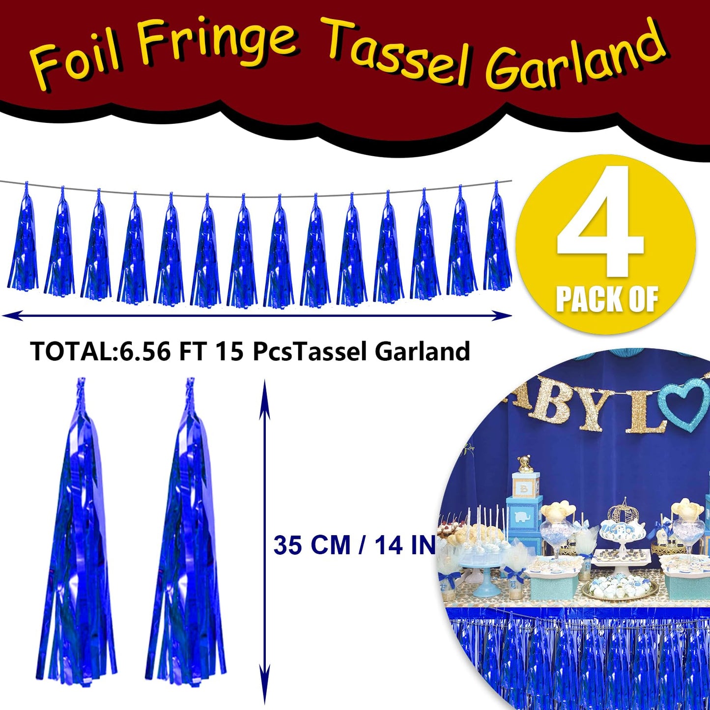 4P Blue Foil Fringe Tassel Banner Garland Metallic Tinsel Streamers Wall Hanging Curtain Backdrop Banner for Parade Floats, 2024