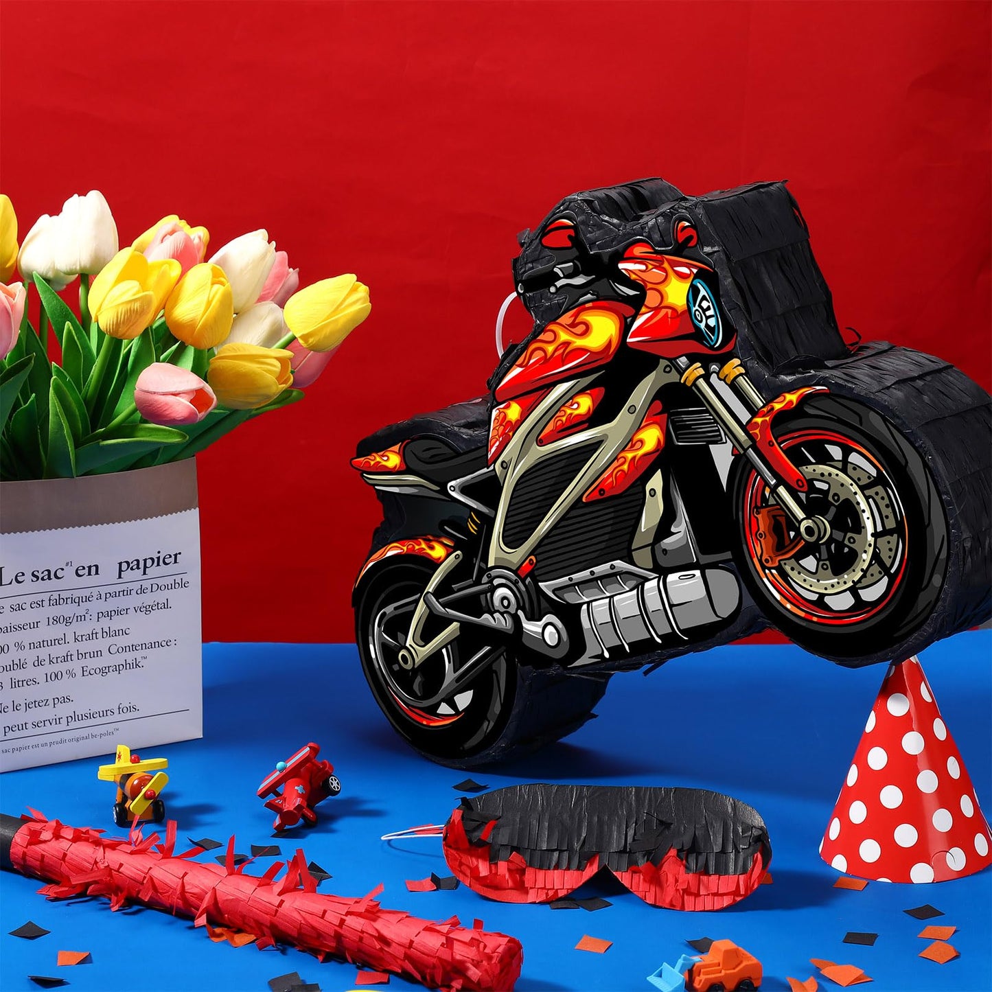 Shappy 3D Red Motorcycle Piñata - Small Race Car Design for Racing Theme Birthday Party with Blindfold, Stick & Confetti
