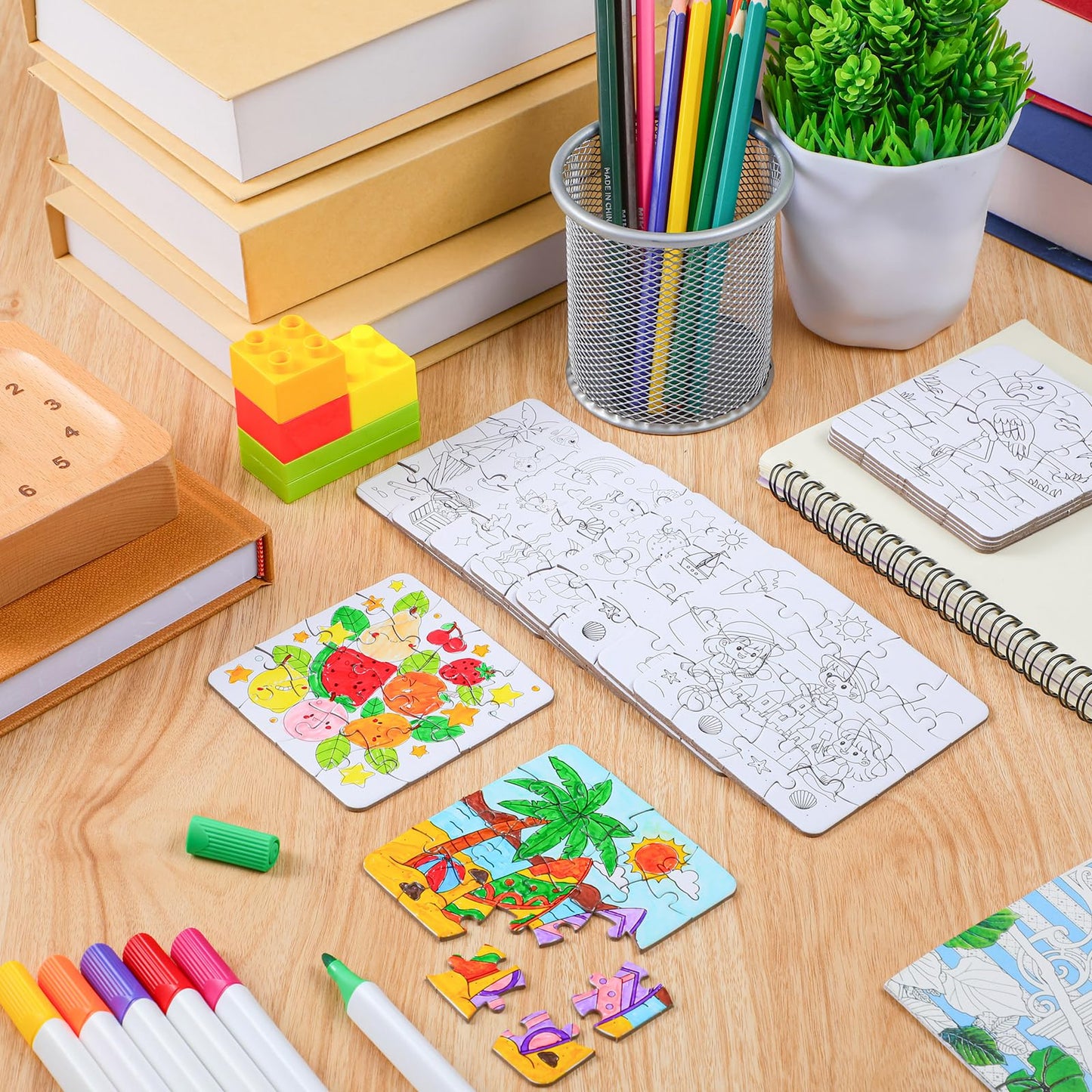 Realspring 24 Pack Color Your Own Jigsaw Puzzles - DIY Coloring Crafts for Kids 3-8, Paper, Educational Party Favors