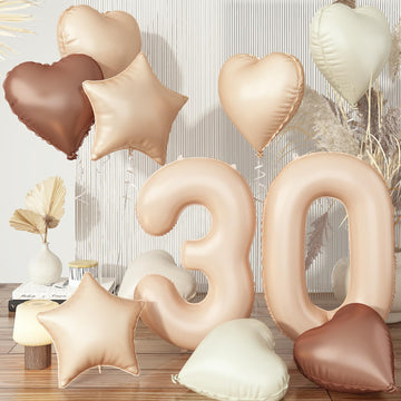 30 Balloons Beige, Cream Nude Brown Taupe Sand White Heart Number 30 Balloon Decor, Neutral Tan Foil Helium Star Balloons Boho S