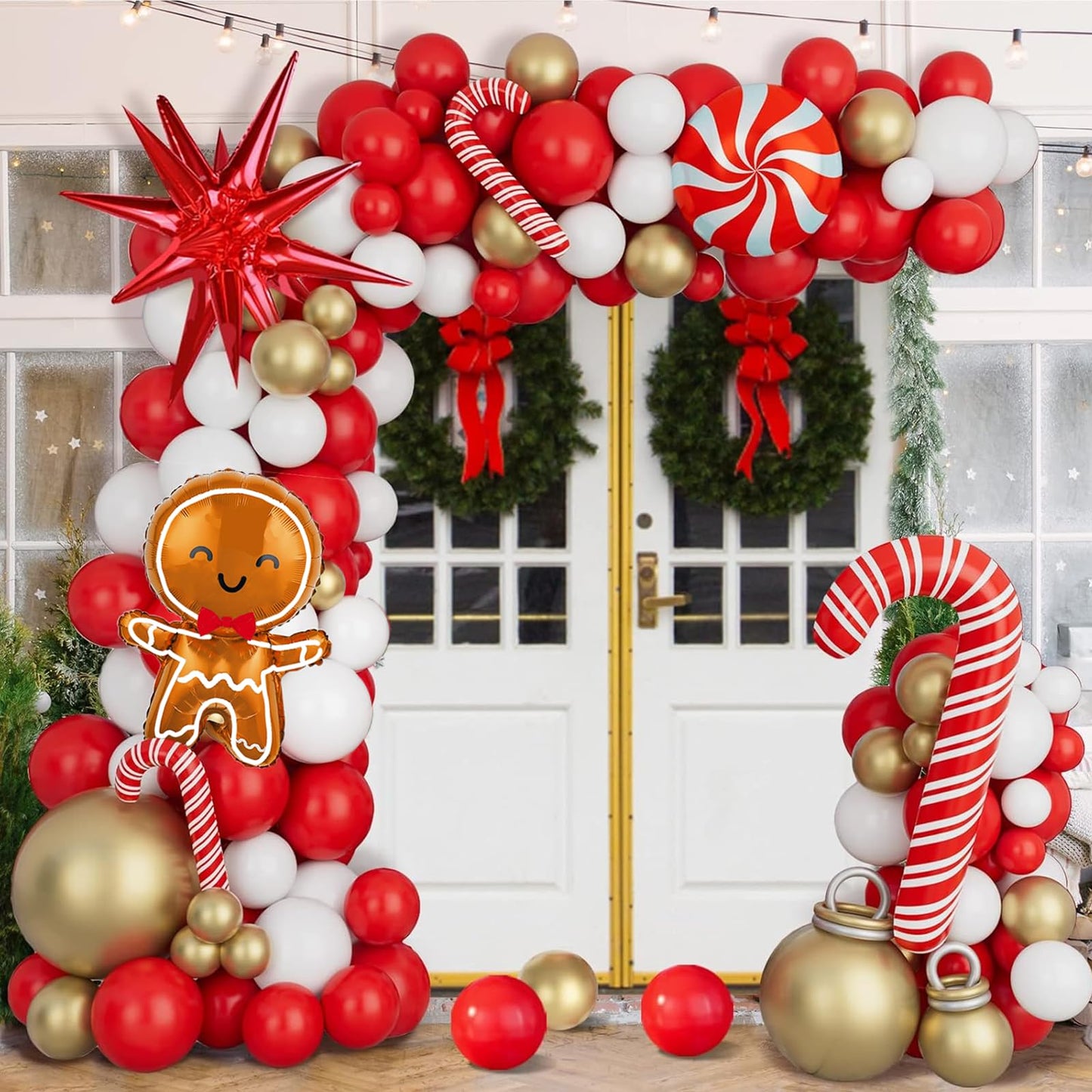 Christmas Balloon Garland Arch Kit Xmas Holiday Balloons With Red White Golden Balloons Candy Foil Balloons Candy Cane Balloons