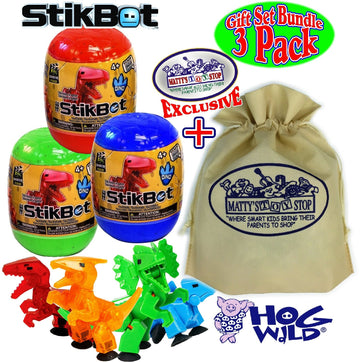 Hog Wild StikBot Dinosaur Mystery Egg Figures Gift Set - 3 Pack Assorted Colors with Storage Bag, Medium, Plastic
