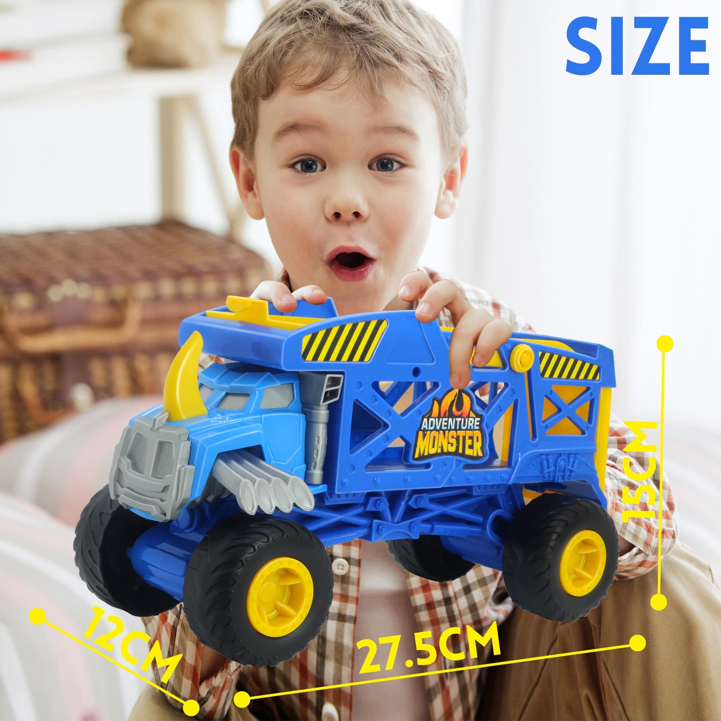 KARMOUNT Monster Trucks Hauler with 3 Mini Trucks, Blue, Plastic, Model SQ86002-1, Gift for Kids 3 Years & Up
