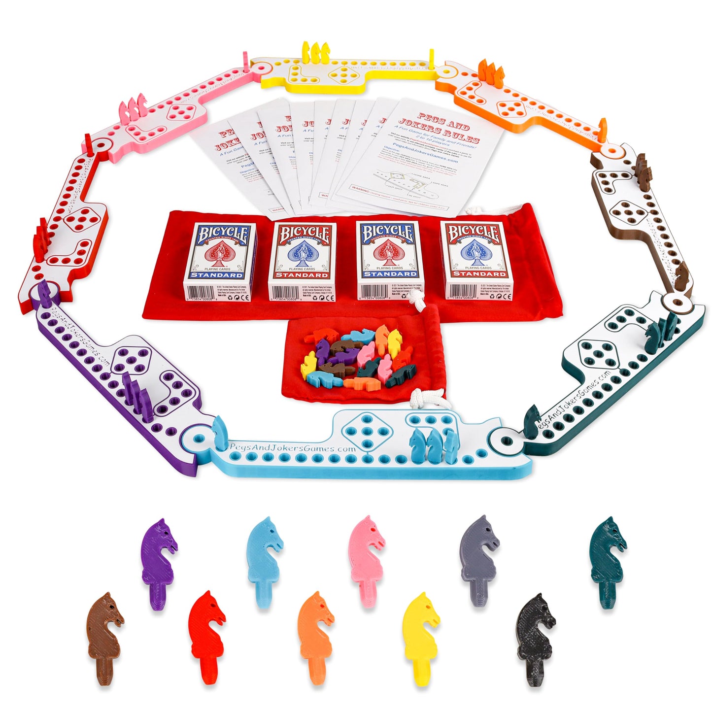 GAMES BY 3D Pegs and Jokers Board Game - Portable Fun for 2-8 Players - Red Plastic - Easy to Learn with Horse-Head Peg & Cards