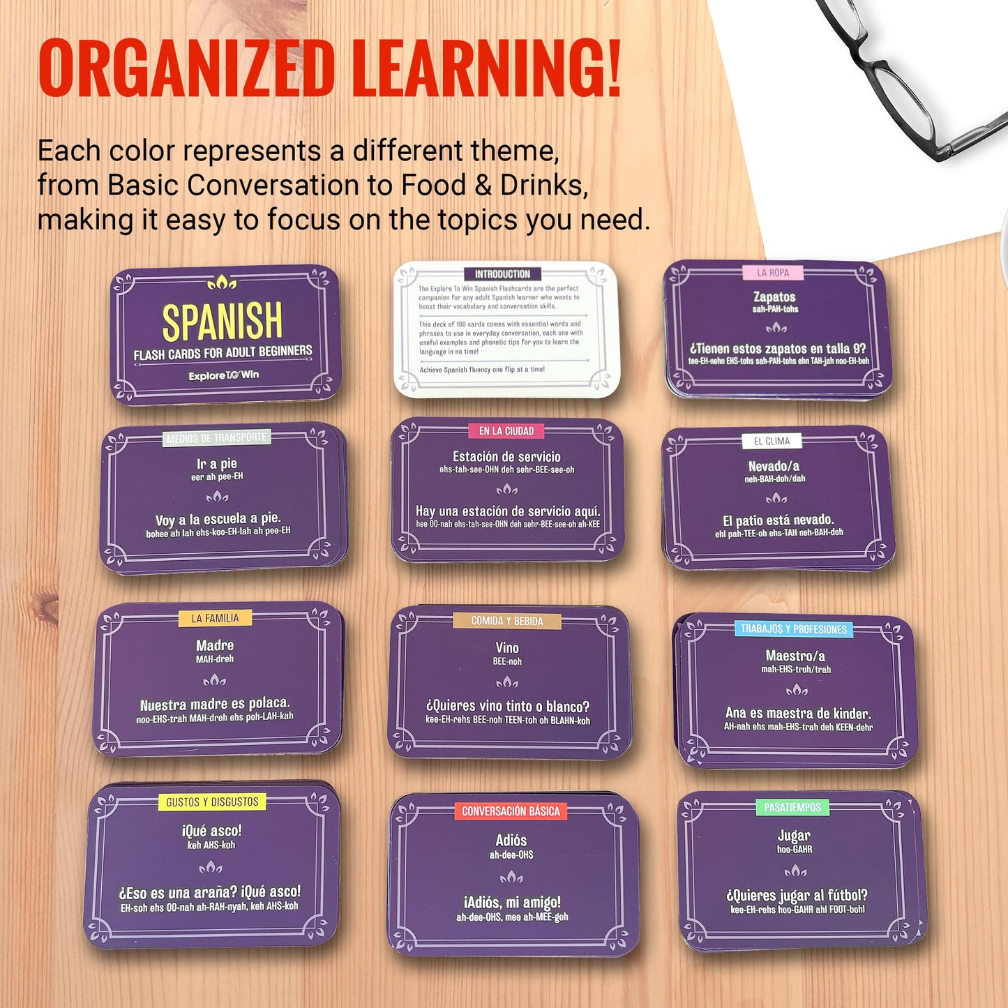 Explore To Win Spanish Flash Cards Set – 100 Cards, Audio & eBook, 4x2.5x2.5 in, Purple, Learn Common Verbs & Phrases