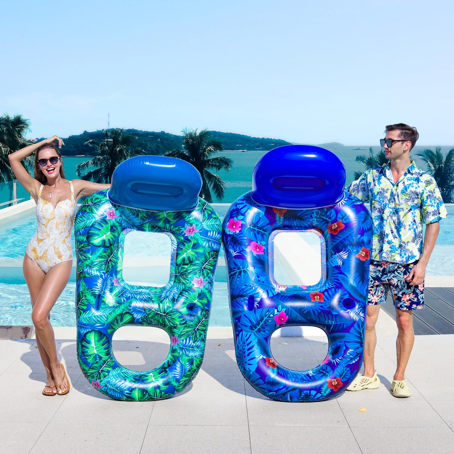 FindUWill Pool Floats Chairs mature-themed - 2 Pack 65'' x 42'' Large Pool Float Chairs  Inflatable Pool Lounger with Cup Phone Holder  Backrest  Footrest  Tanning Pool Lounge (Blue&Green)