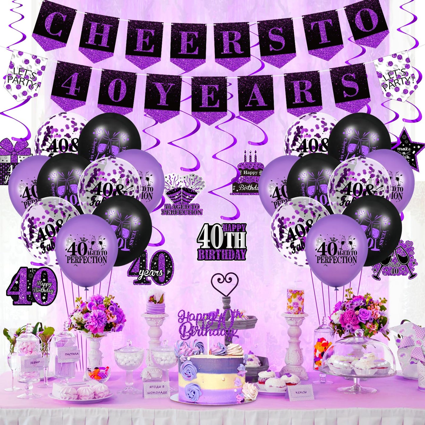 Purple 40Th Birthday Decorations For Women Men Purple Black 40Th Birthday Banner Hanging Swirls 40Th Birthday Balloons Happy 40Th Birthday Cake Topper For Purple Cheer To 40 Years Party Supplies