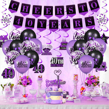 Purple 40Th Birthday Decorations For Women Men Purple Black 40Th Birthday Banner Hanging Swirls 40Th Birthday Balloons Happy 40Th Birthday Cake Topper For Purple Cheer To 40 Years Party Supplies