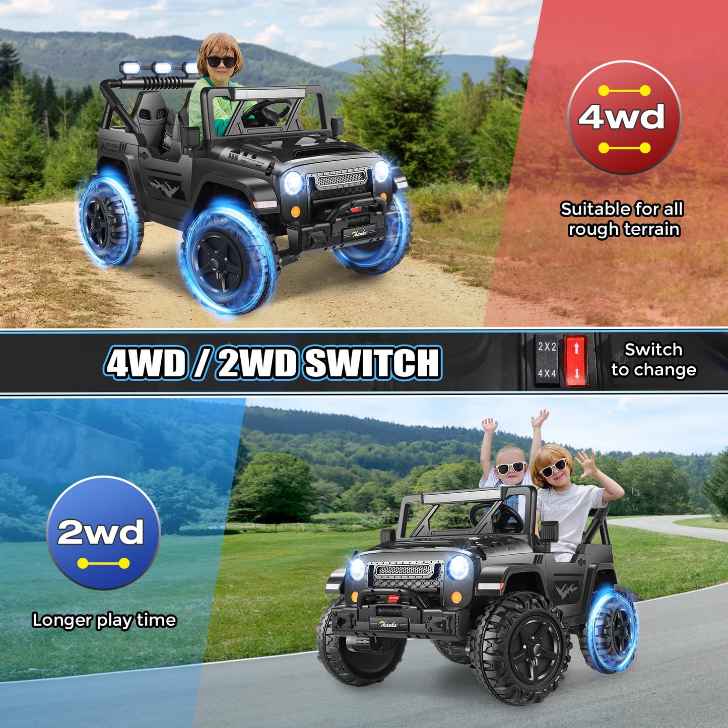 Hikole 24V Ride On Toys For Big Kids, 2 Seater Kids Ride On Truck For Todder 4-8 W/Remote Control, 4Wd/2Wd Switchable, 20'' Extr