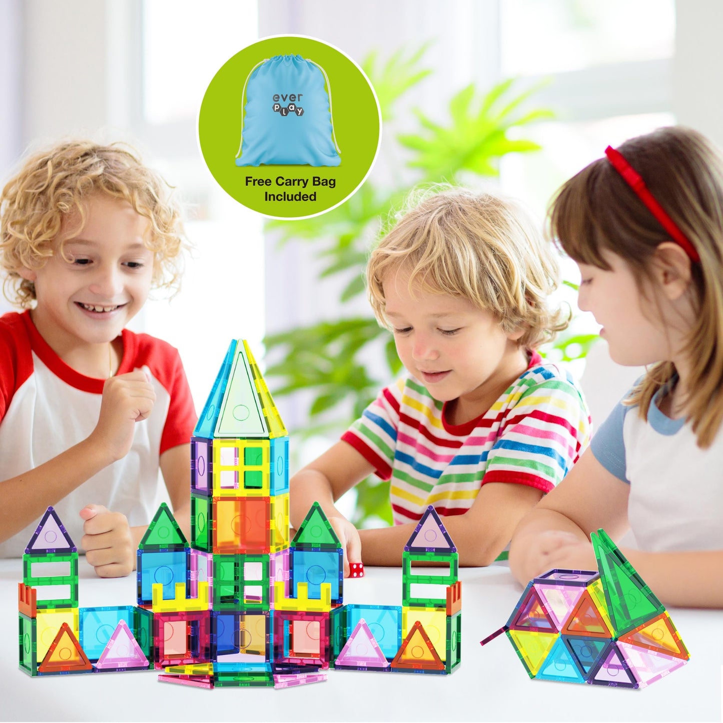 Everplay 101pc Magnet Tile Building Blocks with Car Base Drawstring Carry Bag Magnetic Construction Playset Early Childhood Play