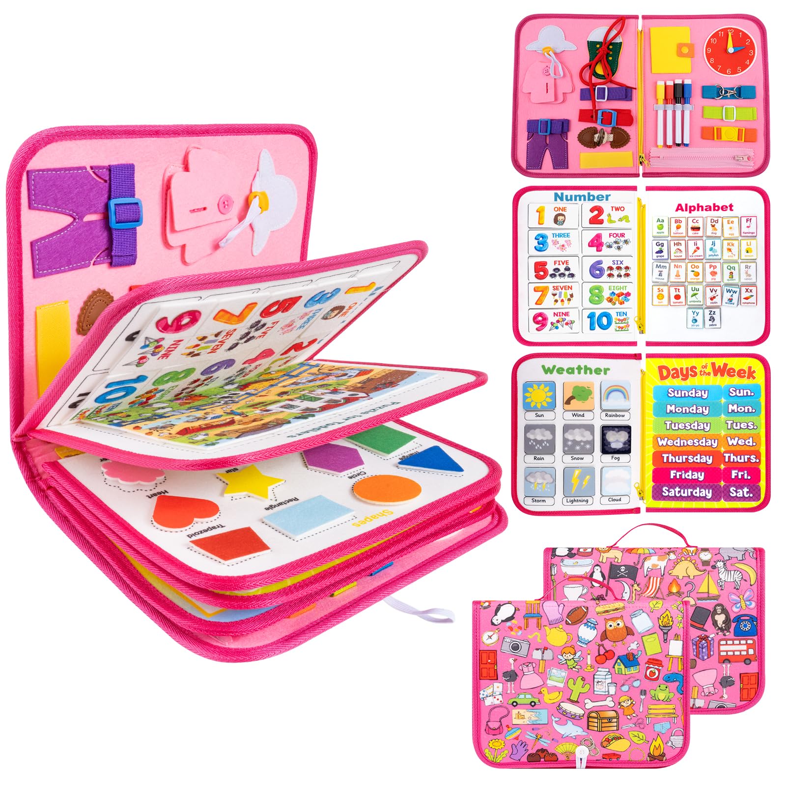 12-page Busy Board Montessori Toddler Toys for 1 2 3 4 Years Old, Busy Book for Toddlers 1-3 Girl Birthday Gift, 24 in 1 Activit