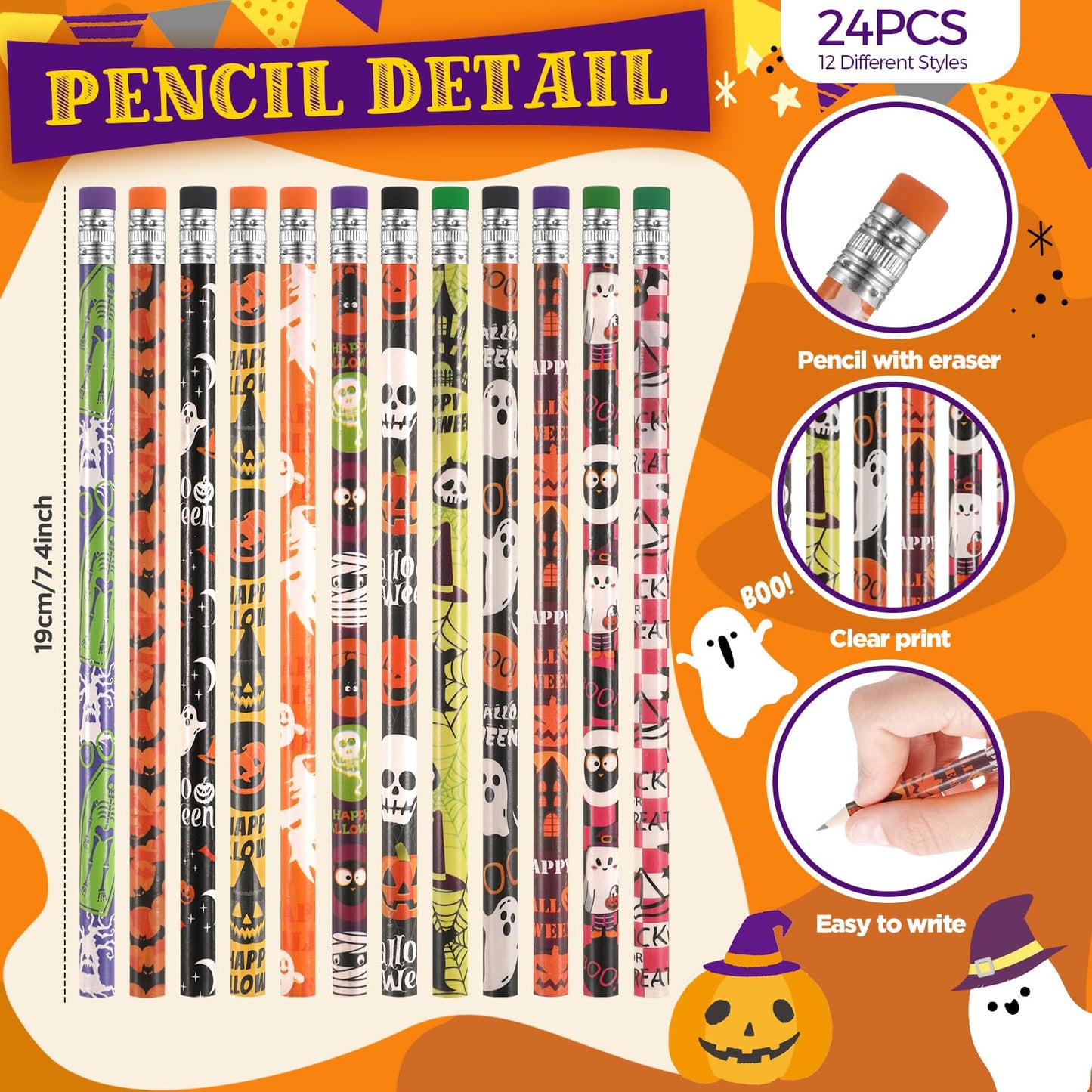 48 Pcs Halloween Pencils Halloween Rubber Bracelets Set Halloween Party Favors for Kids Ghost Pumpkin Skeleton Bat Spider Pencil