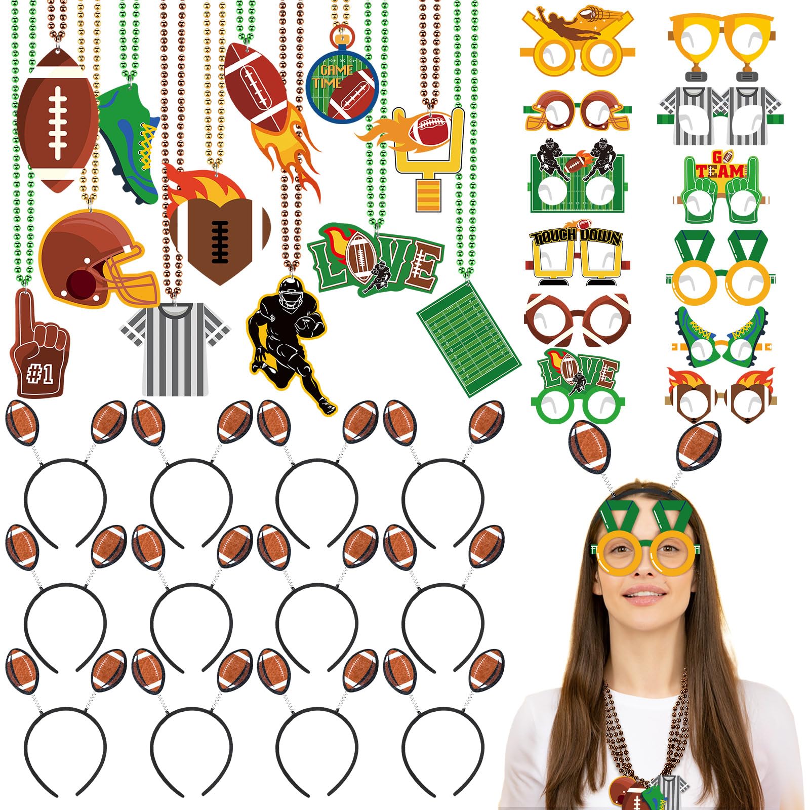 Kenning 36 Pcs Football Party Decorations Football Photo Props 12 Footballs Beaded Necklaces 12 Headbands 12 Touchdown Paper Gla