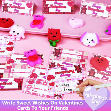 Amenon 28 Pack Valentines Day Mochi Squishy Toys, Prefilled Valentines Gifts For Kids Kawaii Squeeze Heart Bear With Cards Class