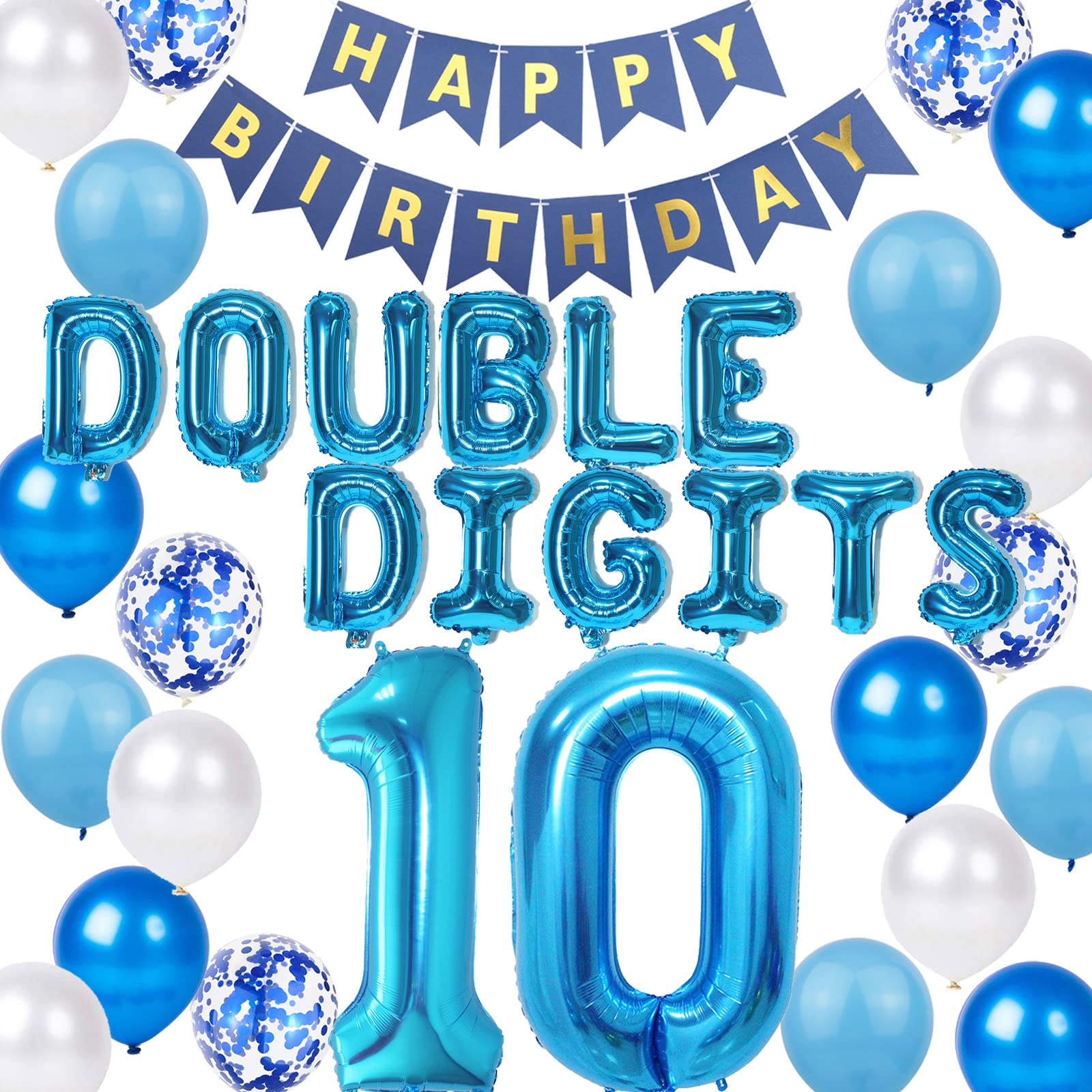 10Th Birthday Decorations Blue For Boys, Double Digits 10Th Birthday Decoration, Blue 10Th Birthday Banner Number 10 Foil Balloo