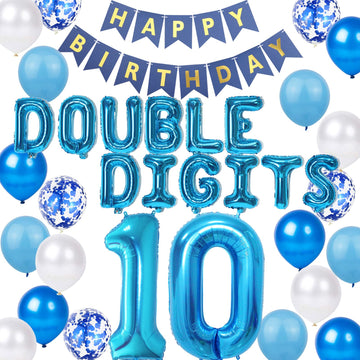 10Th Birthday Decorations Blue For Boys, Double Digits 10Th Birthday Decoration, Blue 10Th Birthday Banner Number 10 Foil Balloo