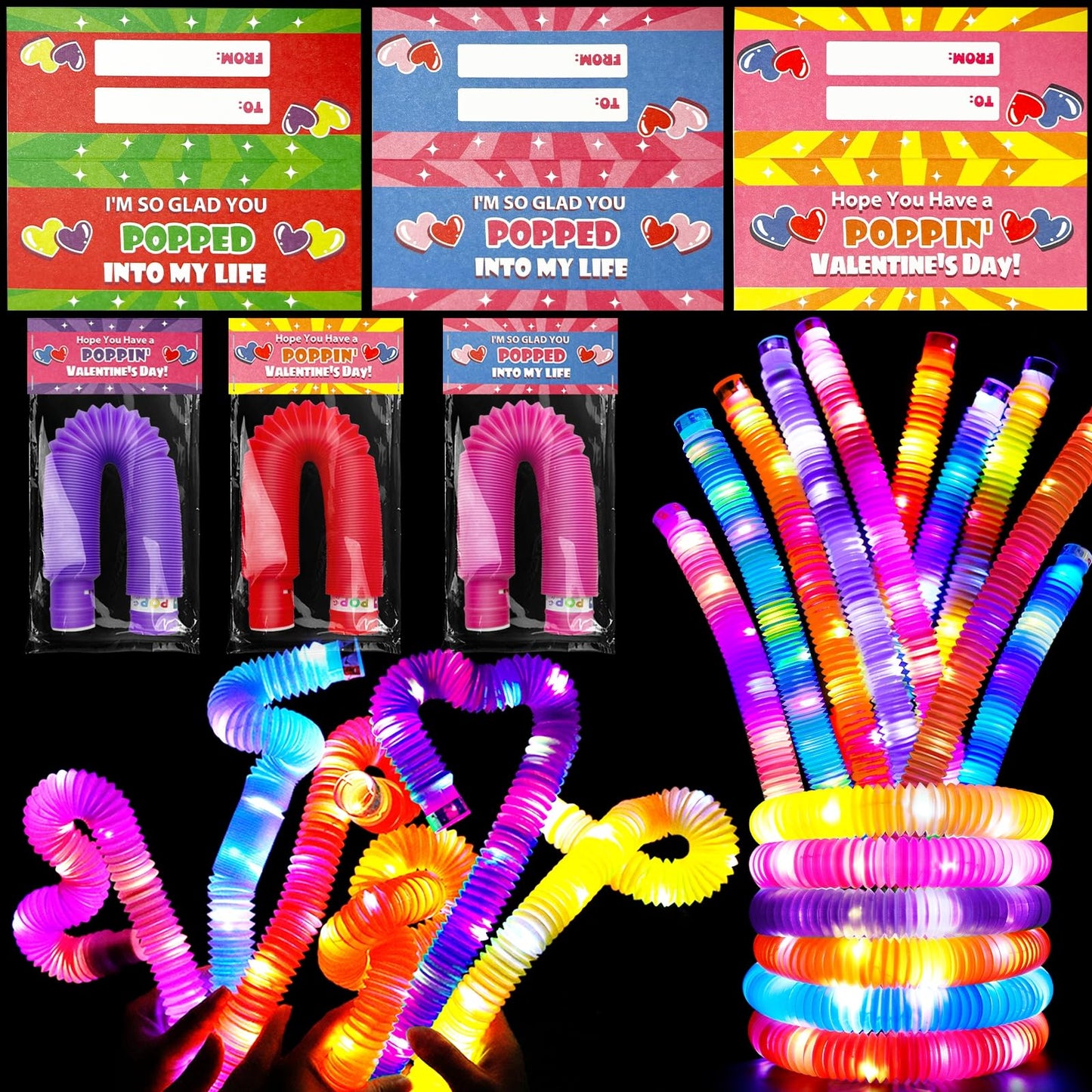 24 Packs Valentine'S Day Gifts For Kids Glow Pop Tubes With Valentine Cards Stress Relief Fidget Toys Valentine'S Party Favors,