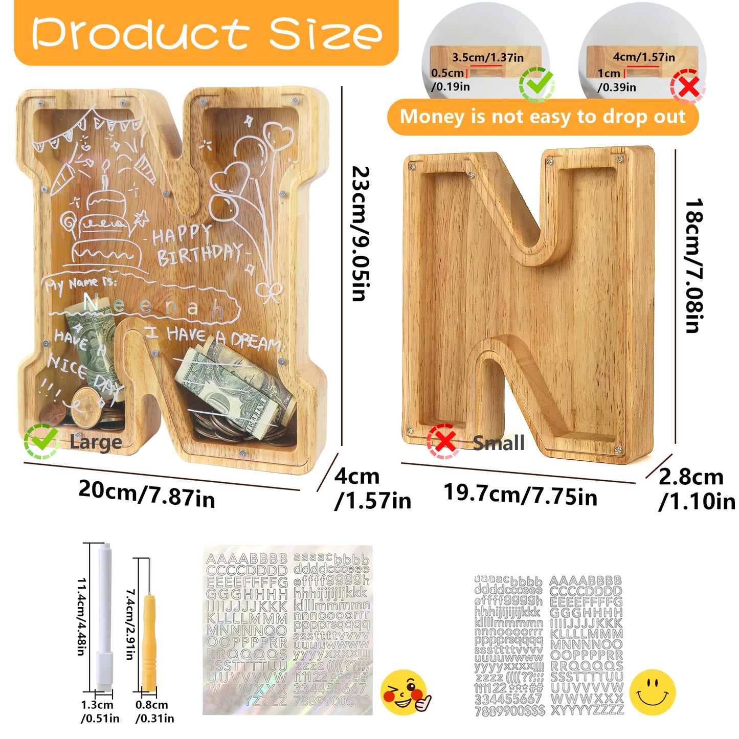 weallbuy Large Letter Piggy Bank for Kids Boys Girls Wooden Personalized Piggy Banks A-Z with Target Area Clear Alphabet Banknote Coin Banks for Gift Decoration Baptism (N)