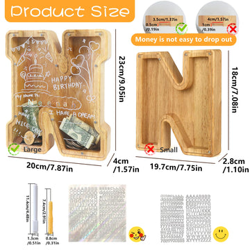 weallbuy Large Letter Piggy Bank for Kids Boys Girls Wooden Personalized Piggy Banks A-Z with Target Area Clear Alphabet Banknote Coin Banks for Gift Decoration Baptism (N)