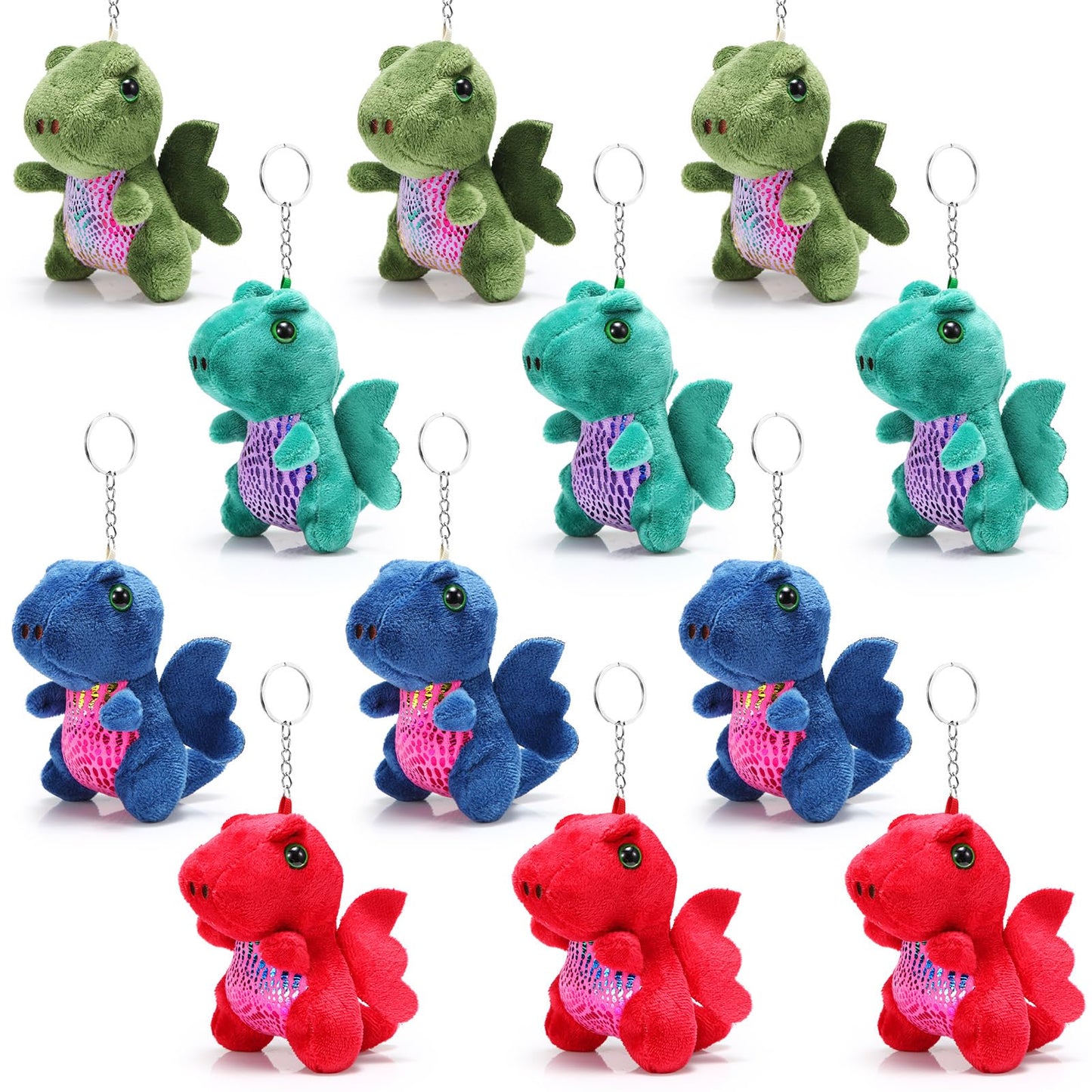 Siifert 12 Pcs Plush Dragon Stuffed Animals Bulk Cute Dinosaur Plush Keychain For Kid Birthday(Dark Color,Lovely Style)