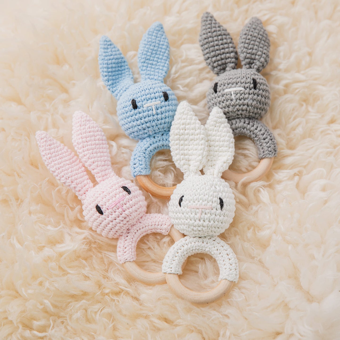 Wooden Teether Crochet Baby Rattle, Crochet Baby Toys, Organic Wooden Newborn Toys, Newborn Animal Rattle Toys,Knitted Stuffed Animals Gifts For Baby, Pink Bunny