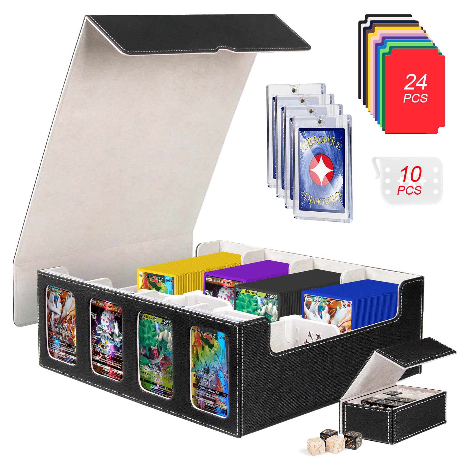 GEAoffice Trading Card Storage Box for 3200+ Cards With Display Windows  enhanced MTG Deck Box With Card Supporters & Divider  MTG Commander Deck Box for TCG  Magic Game  Sports  Black/Grey