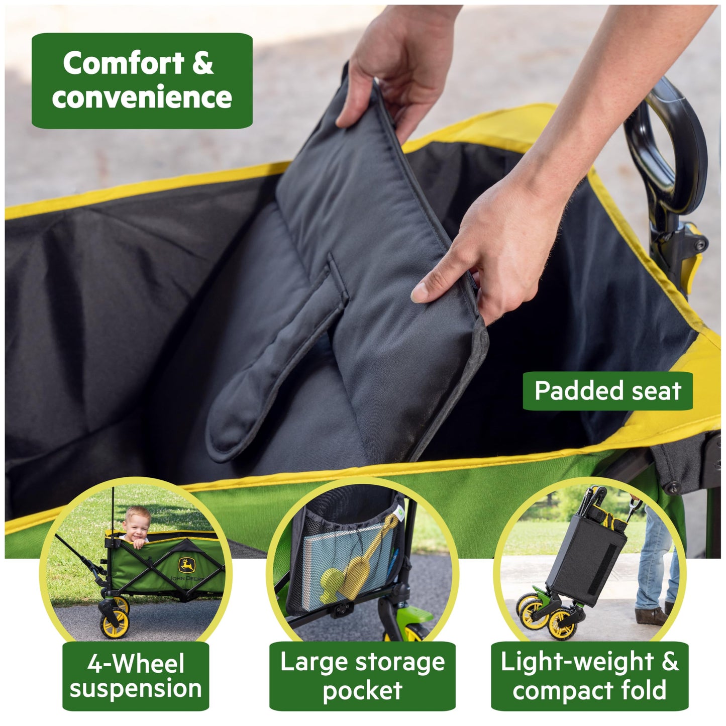 Bright Starts John Deere Pop 'N Ride Stroller Wagon, Foldable With Sun Shade 50+ Spf Protection, Seats 2 Kids At Once, Green & Y