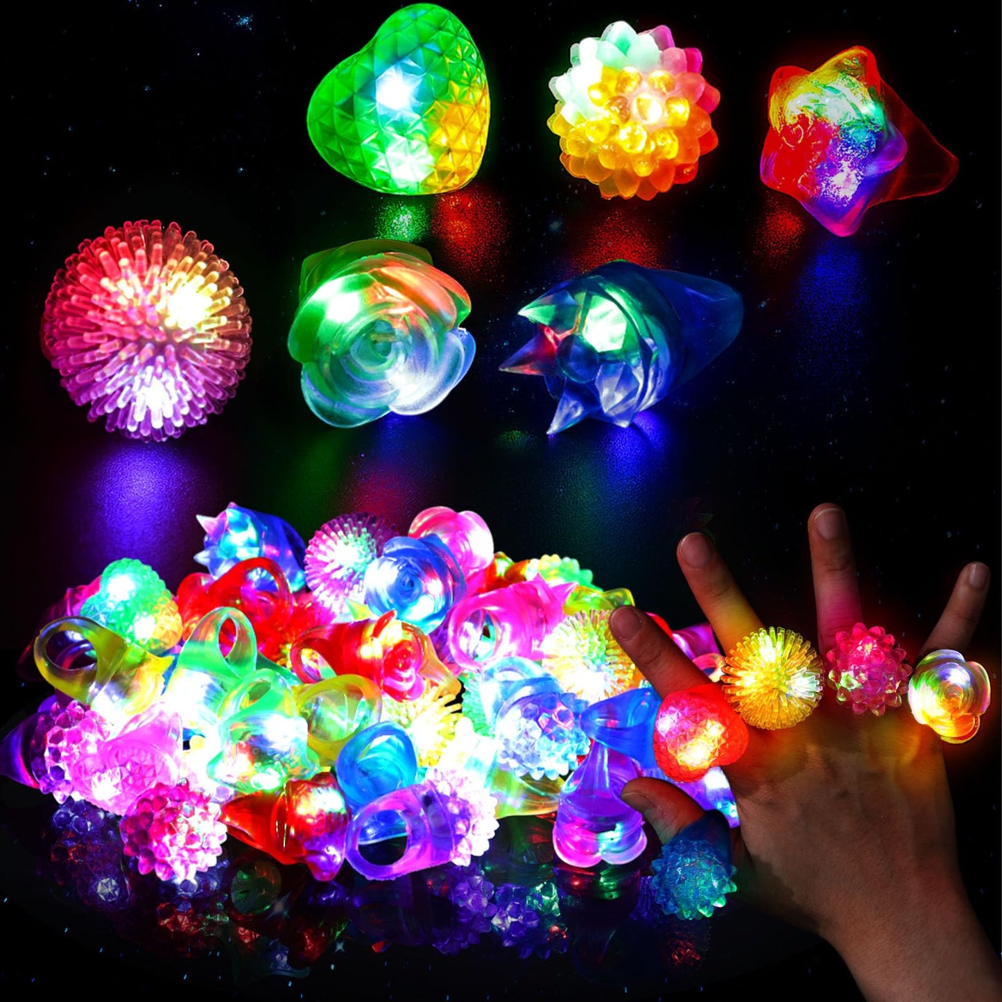 LovesTown 24PCS LED Light Up Rings Party Favors for Kids, 6 Styles Glow in the Dark Party Supplies for Christmas, Goodie Bags St