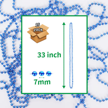 YAXINRUI 33 Inch 7 mm Metallic Blue Bead Necklaces, 15pcs Mardi Gras Beads Bulk Round Beaded Necklaces Costume Necklace for Mard