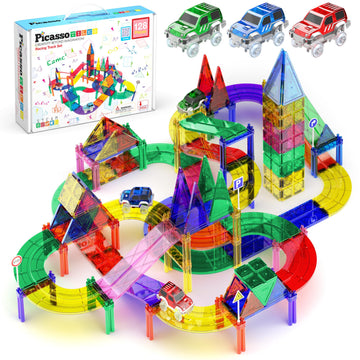 Picassotiles 128 Piece Magnetic Race Track Toy Car Tracks Set Toddlers Magnet Building Blocks Tiles Sensory Toys For Kids Includ