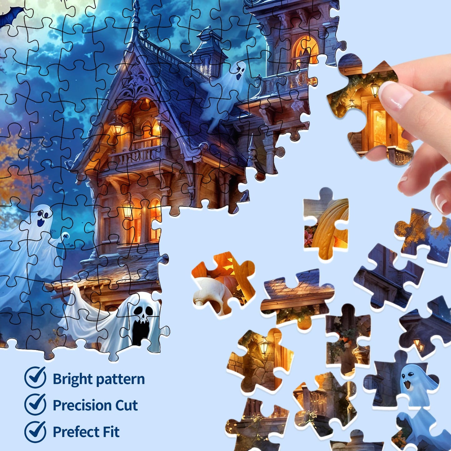 Halloween Night Jigsaw Puzzle for mature-themeds 1000 Pieces-Haunted House Pumpkin Witch Skeleton Ghosts & Batstheme Puzzles Spooky Night Sky Puzzle-for Holiday Party Gifts or Decorations