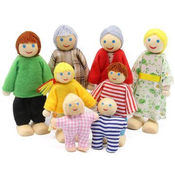 Puckway Lovely Happy Dollhouse Dolls Family Set Of 8 Wooden Figures For Children House Pretend Gift
