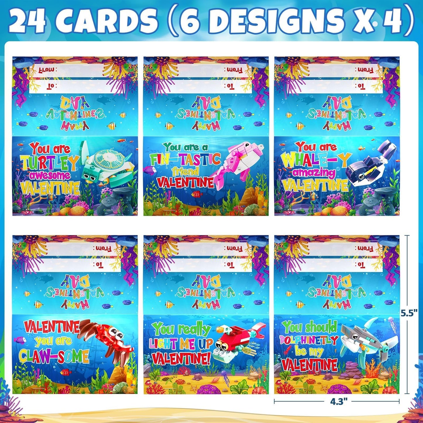 Asoulin Valentines Day Gifts For Kids, 24 Pack Sea Animal Building Block Set With Valentines Day Cards For Kids Classroom School