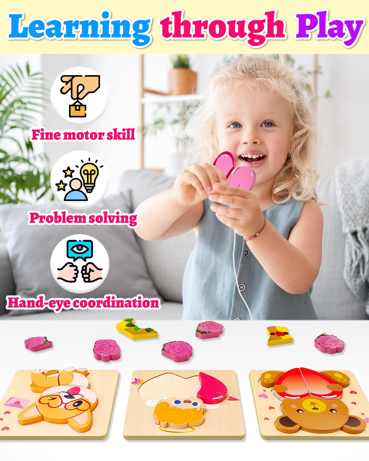 Yetonamr Valentines Wooden Puzzles Gifts For Kids, 4 Pack Toddler Valentines Day Toys For Boys Girls, Valentines Gifts For Kids Classroom, Montessori Toys Valentines Day Party Favors