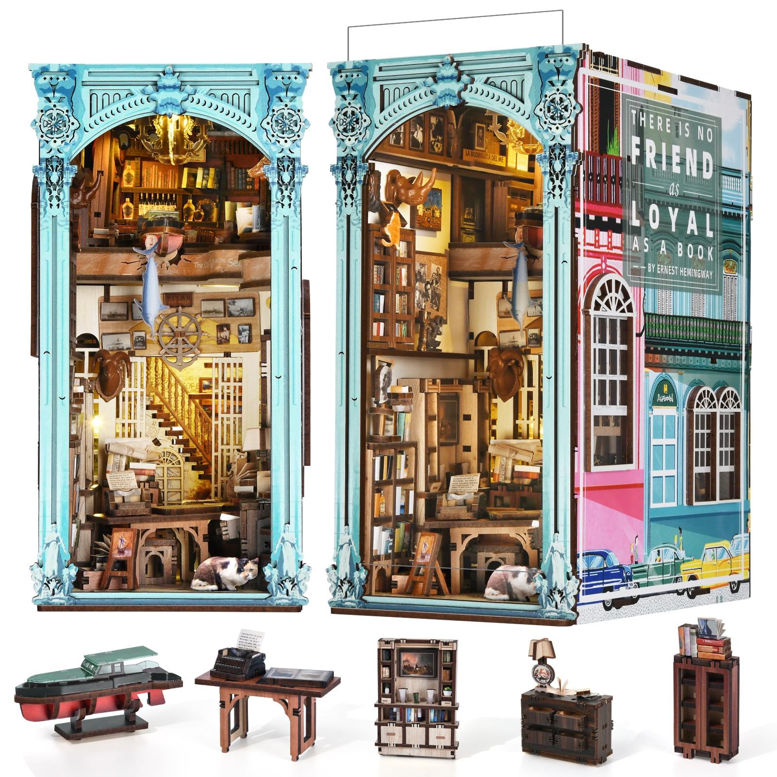 Minicity Diy Book Nook Kit For Adults, 3D Wooden Puzzle Bookend Bookshelf Insert Decor With Led Light And Dust Cover (Hemingway 
