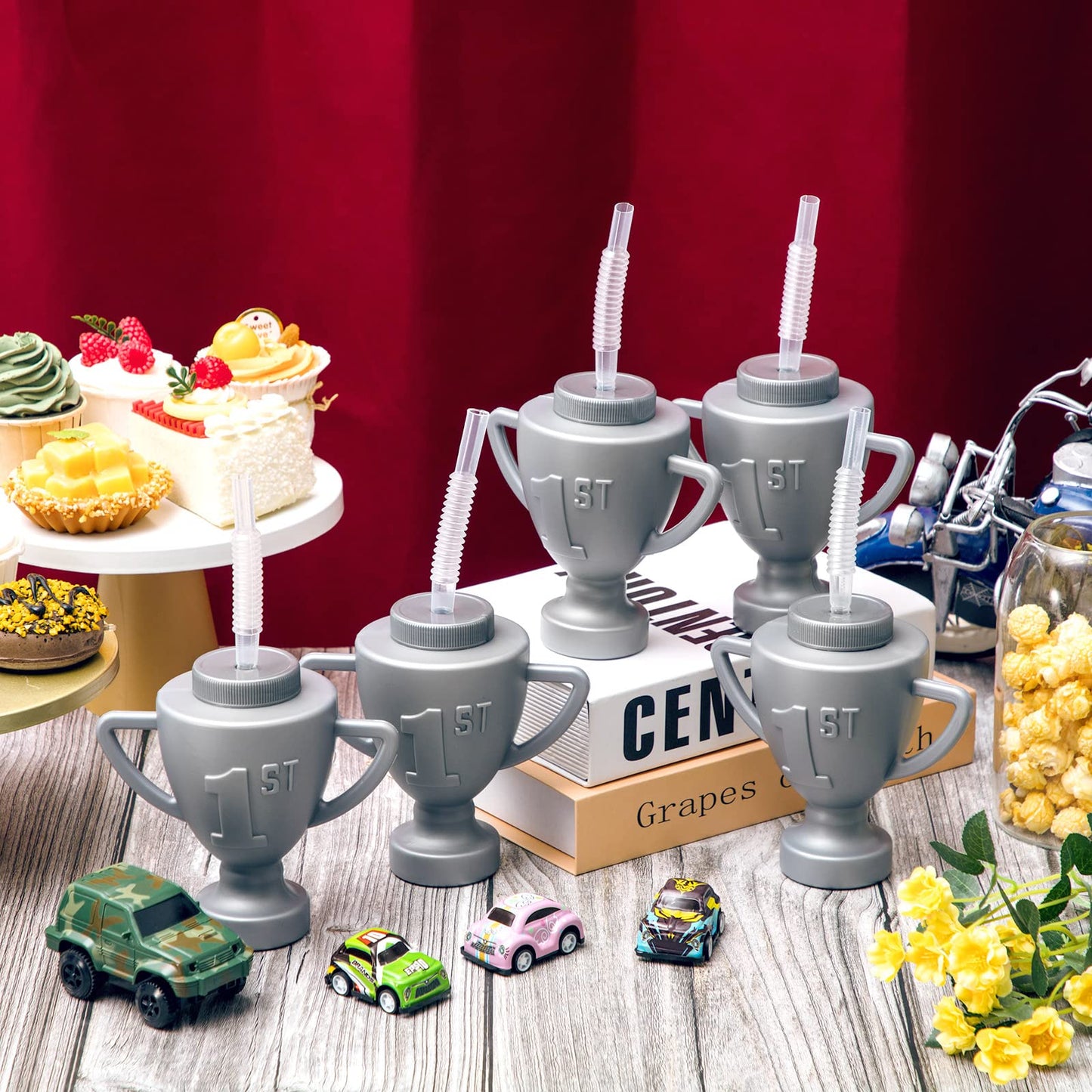Amyhill 12 Pcs Race Car Trophy Cups With Straws and Lids 12 Oz Plastic Race Car Birthday Party Supplies And Favors For Kids Adul