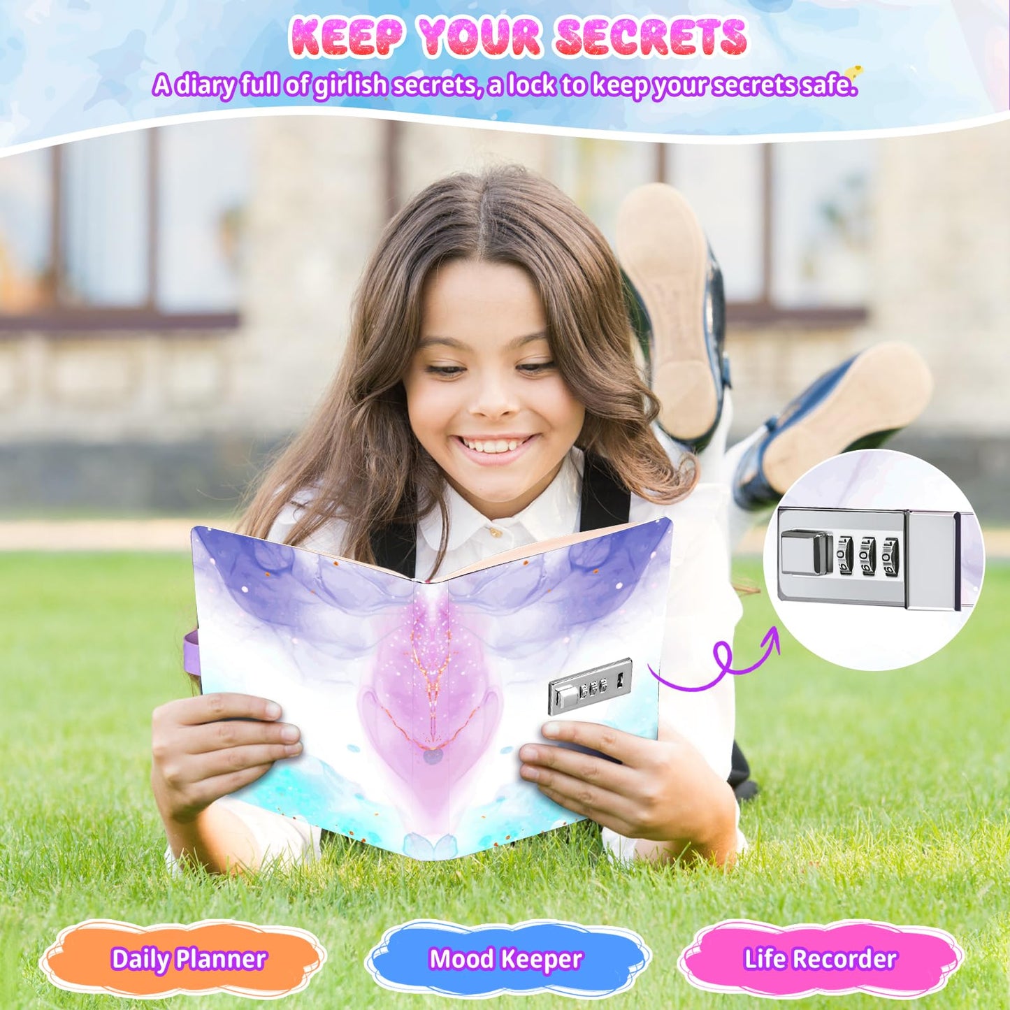 Beadsky Diary With Lock For Girls Age 8-12, A5 Journal With Lock 192 Pages Locking Diary With Pen, Cute Stuff Birthday Gifts For