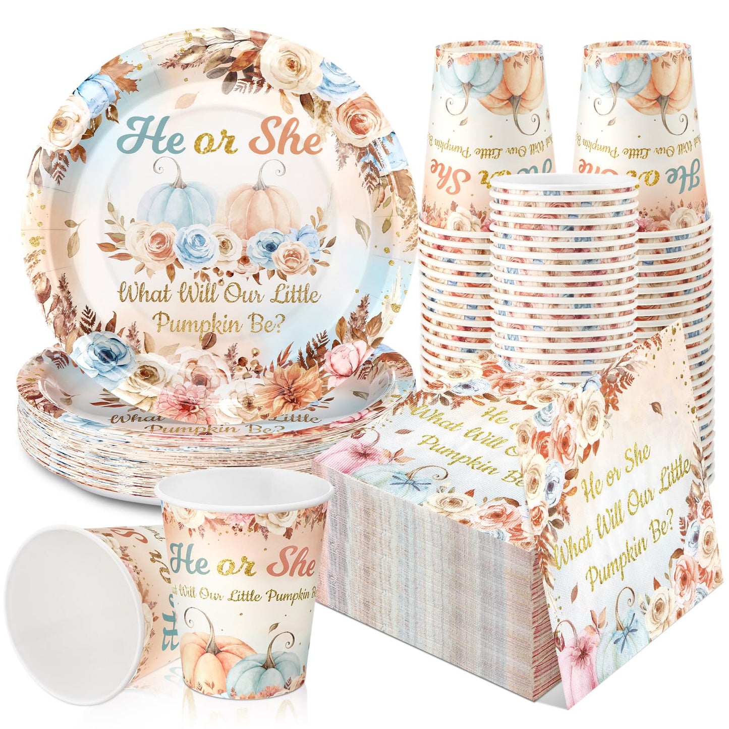 Hushee 200 Pcs Pumpkin Gender Reveal Baby Shower Paper Plates Napkins Cups Baby Shower Party Supplies Tableware Set Disposable C