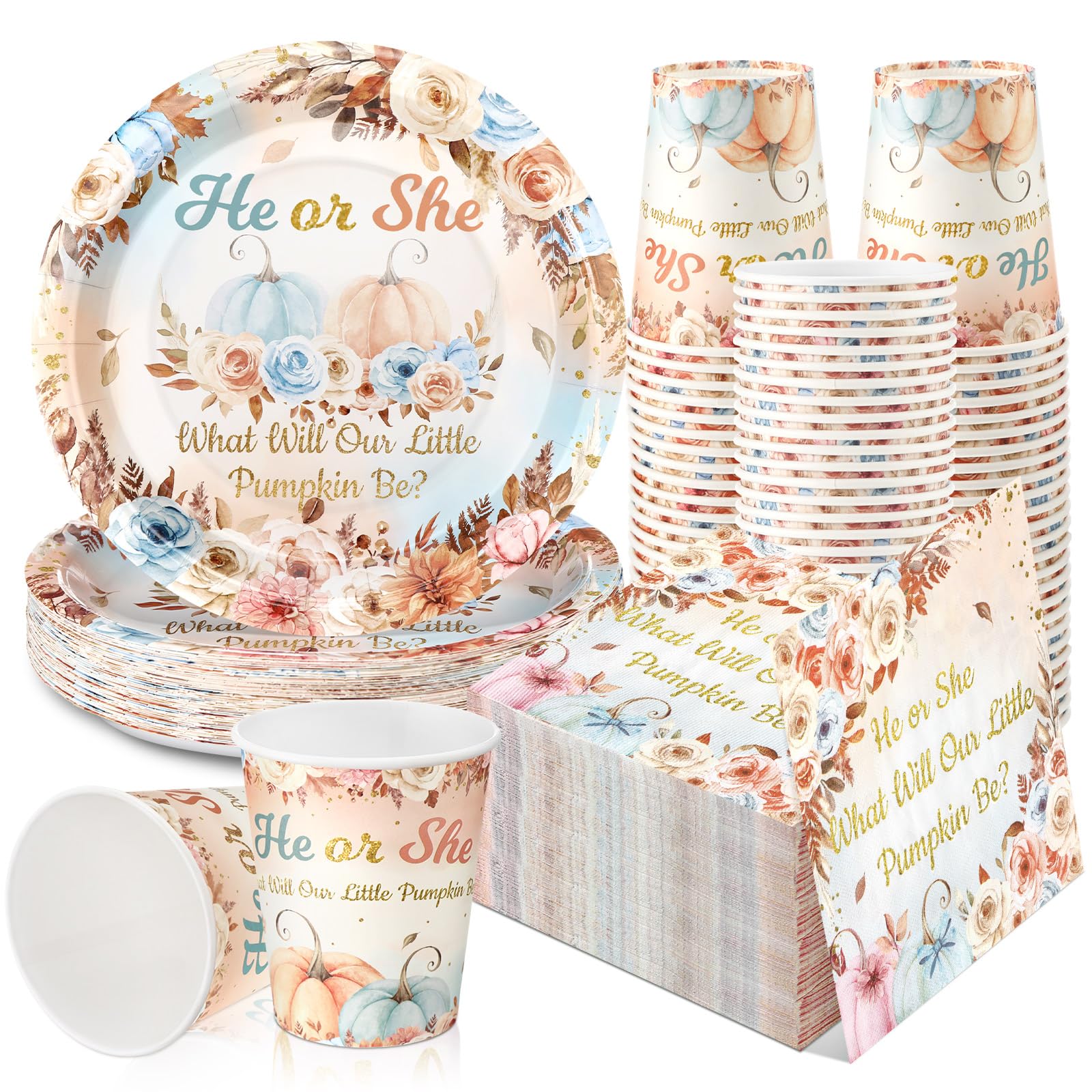 Hushee 200 Pcs Pumpkin Gender Reveal Baby Shower Paper Plates Napkins Cups Baby Shower Party Supplies Tableware Set Disposable C