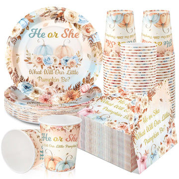 Hushee 200 Pcs Pumpkin Gender Reveal Baby Shower Paper Plates Napkins Cups Baby Shower Party Supplies Tableware Set Disposable C