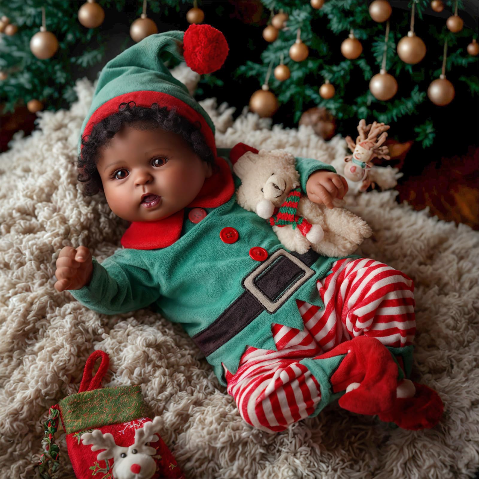 Babeside Christmas Outfit Lifelike Reborn Baby Dolls Black Girl - 20 Inch Soft Feeling Realistic Newborn Baby Dolls Real Life Baby Dolls With Gift Box For Kids Age 3+