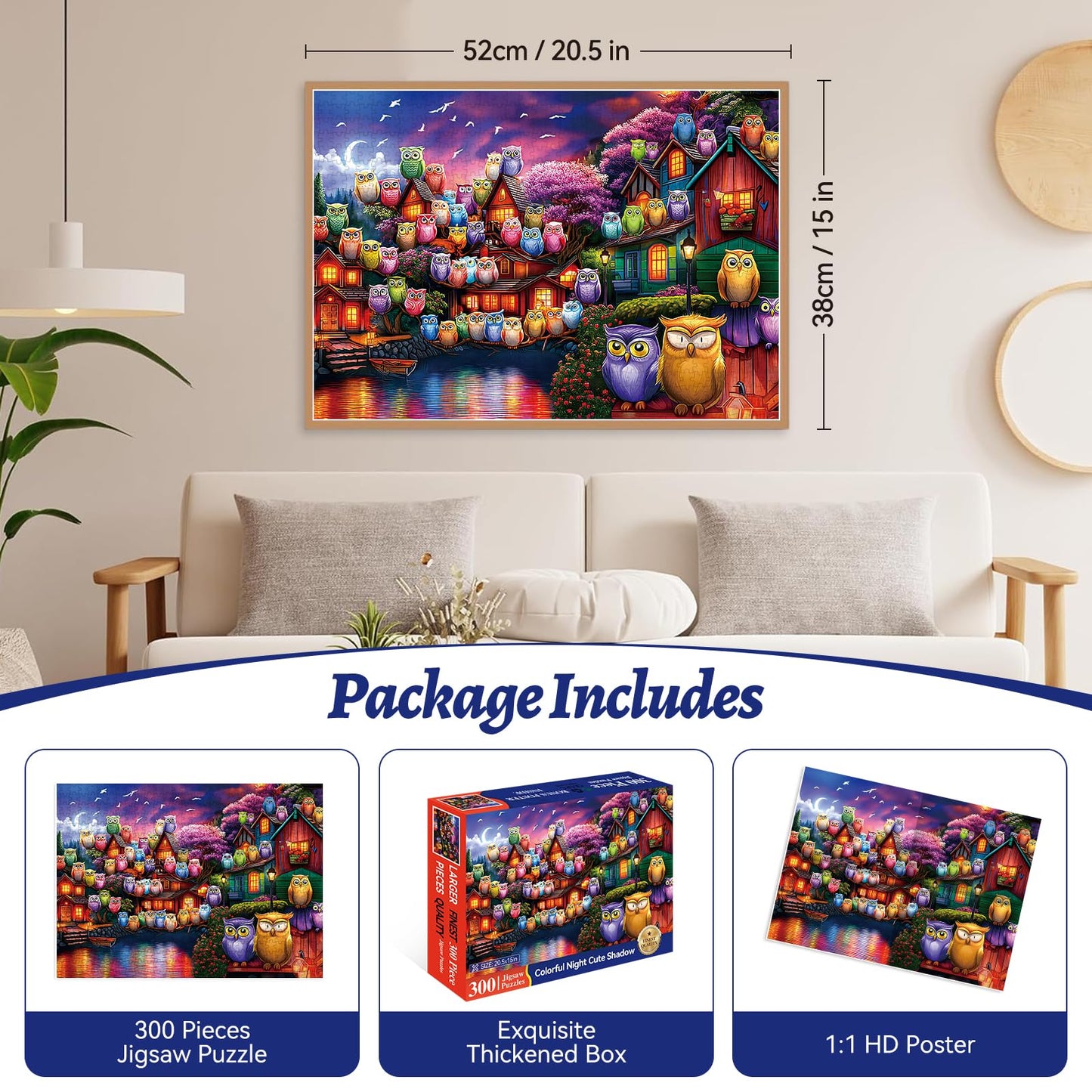 HQXXJW 300 Piece Puzzles for mature-themeds  300 Piece Puzzles for mature-themeds Large Piece  Moonlit Night Owl Village Jigsaw Puzzle  Funny Gift for mature-themed Kids Senior Challenging Family Games Toy  20.5 X 15 in