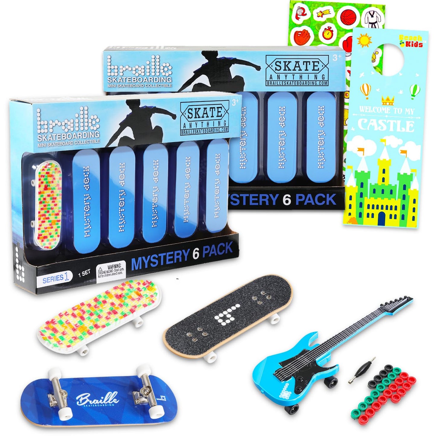 Mini Skateboard Party Favors Blind Bags 12 Pack - Bundle with 12 Braille Skateboarding Mystery Fingerboards Plus Stickers, More 