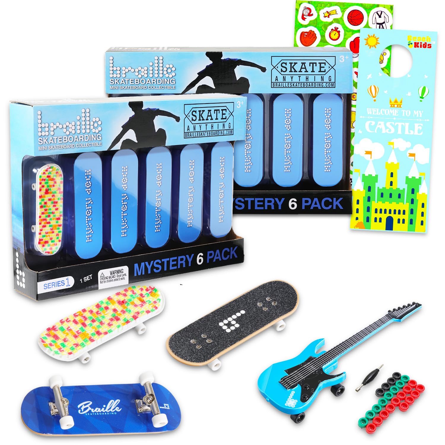 Mini Skateboard Party Favors Blind Bags 12 Pack - Bundle with 12 Braille Skateboarding Mystery Fingerboards Plus Stickers, More 