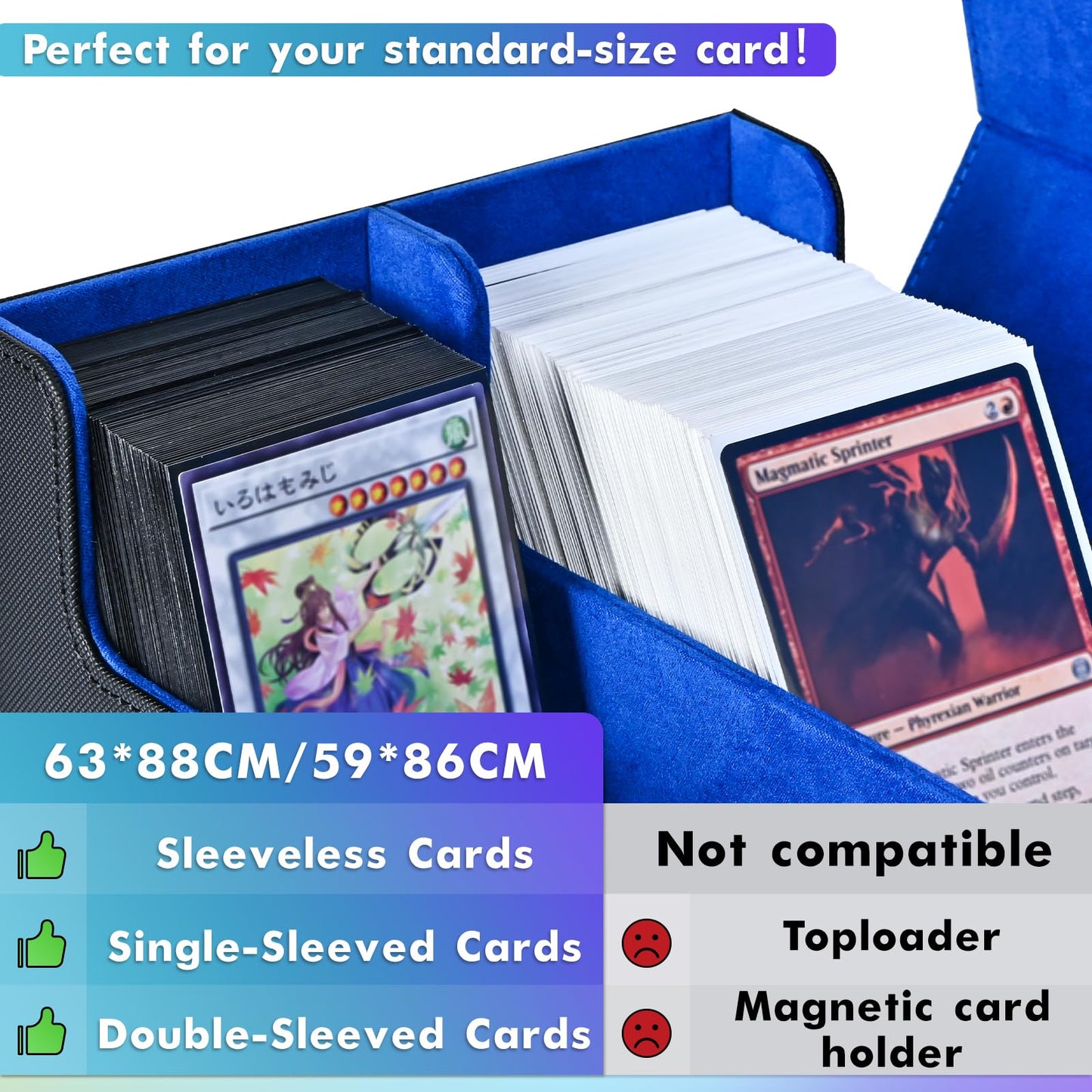 Uaono Card Storage Box For Trading Cards, 1200+ Pu Leather Commander Card Deck Case, Magnetic Closure Card Holder Fits For Magic Game Cards (Black&Blue)