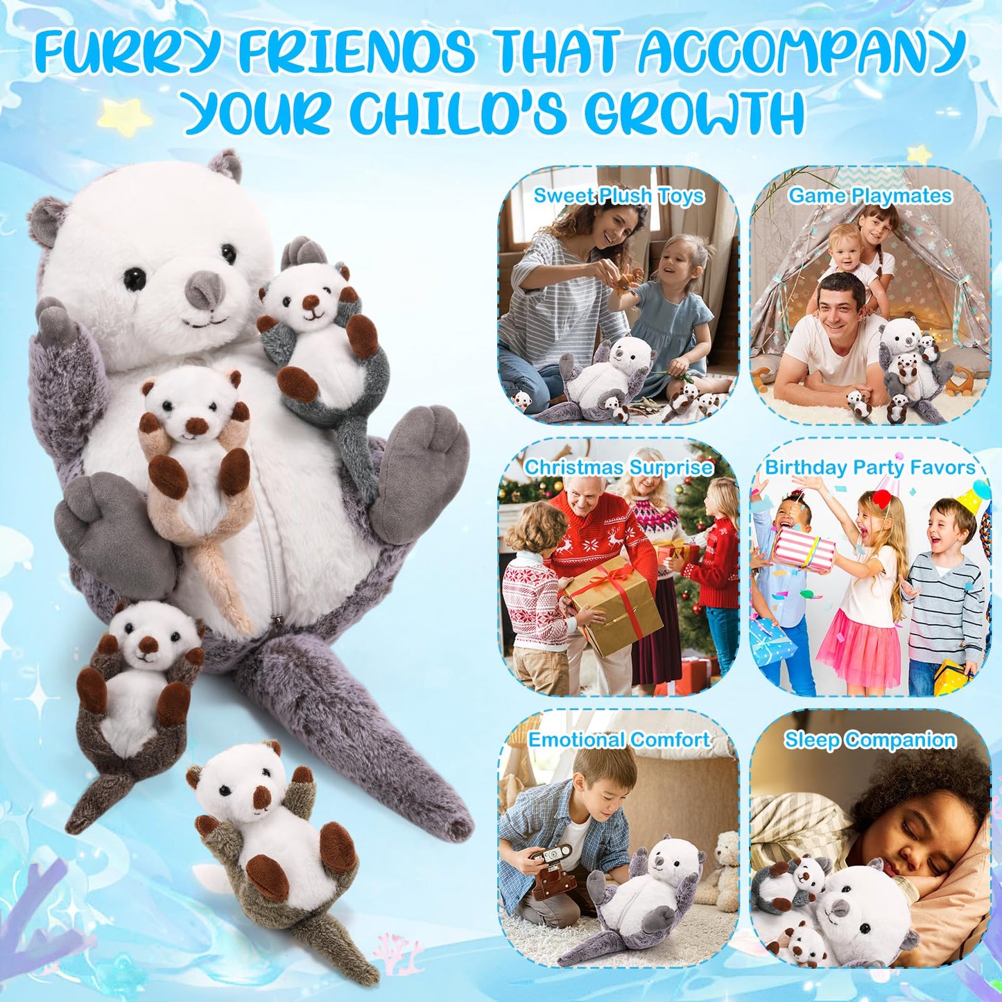 Shappy 5 Pcs Sea Otter Stuffed Animals Large Mommy Sea Otter Stuffy Plush With 4 Cute Babies In Her Zippered Belly Soft Cuddly Plushies For Boys Girls Birthday Gifts Ocean Party Decors(Gray)