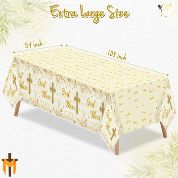 Bkeecten 3 Packs Gold Baby Baptism Party Tablecloths Decorations Flower Theme Displsable Plastic Waterproof Rectangle God Bless