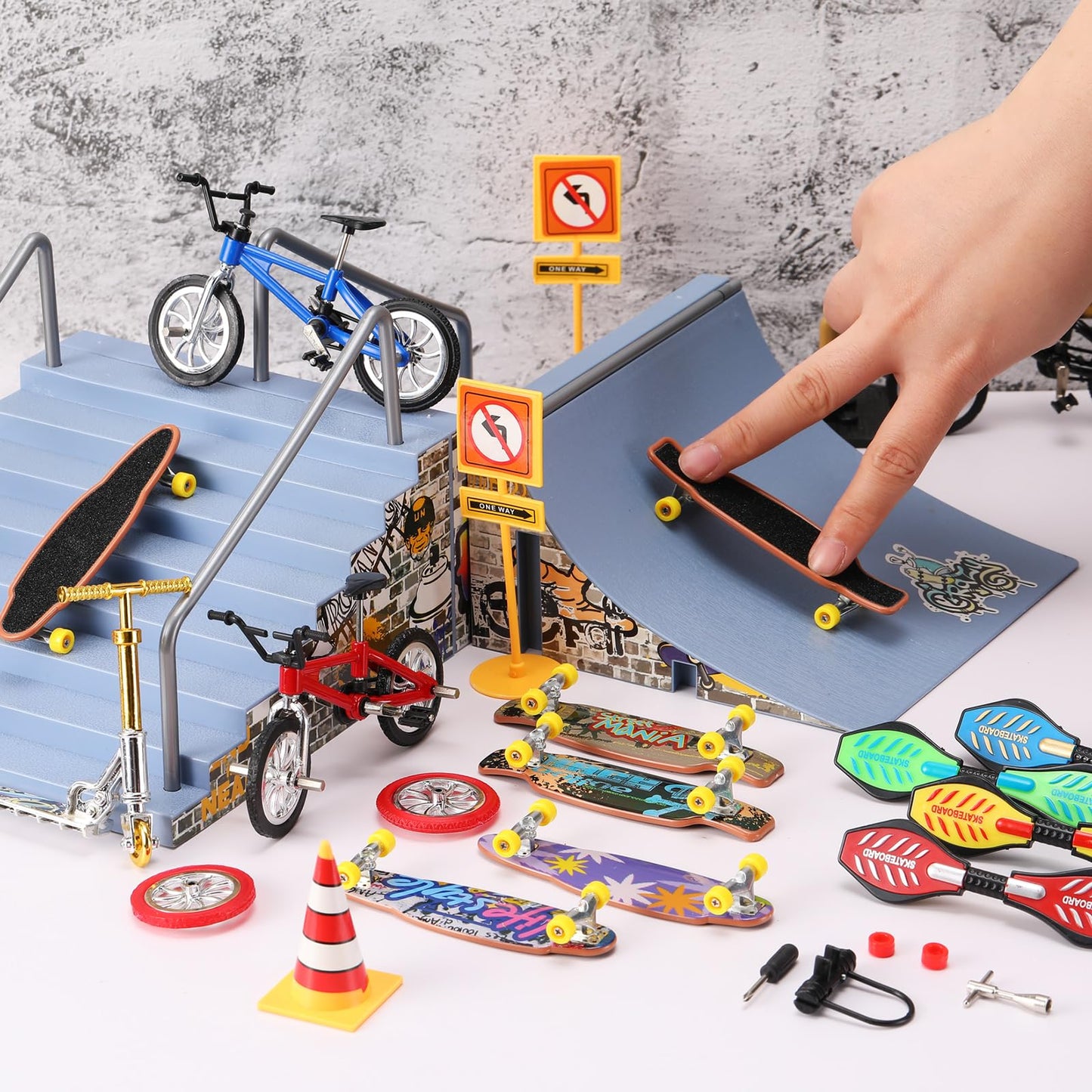 Skylety 31 Pieces Mini Finger Toys Set For Boy Girl Includes 6 Finger Skateboards, 4 Finger Bikes, 2 Mini Scooters 4 Swing Board 8 Matched Wheels 7 Tool Accessories Educational Toy Party Favor(Novel)