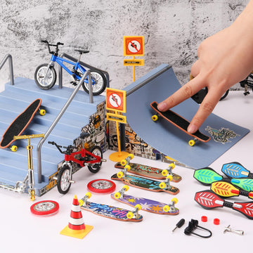 Skylety 31 Pieces Mini Finger Toys Set For Boy Girl Includes 6 Finger Skateboards, 4 Finger Bikes, 2 Mini Scooters 4 Swing Board 8 Matched Wheels 7 Tool Accessories Educational Toy Party Favor(Novel)